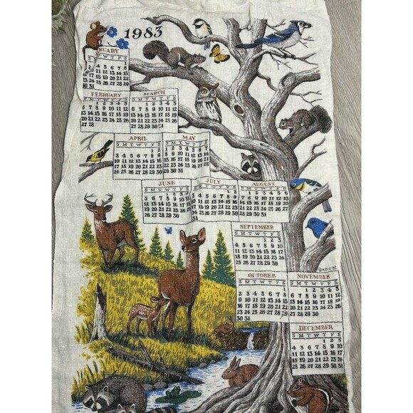 Vintage 1983 Calendar Tea Towel Forest Animals Country Cottage Birth Year Gift - Picture 1 of 5